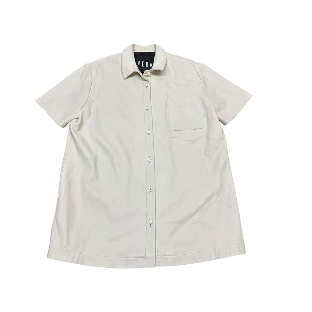 VEDA Leather Button-Up Shirt Womens Small Oversize Short Sleeve Cream Top